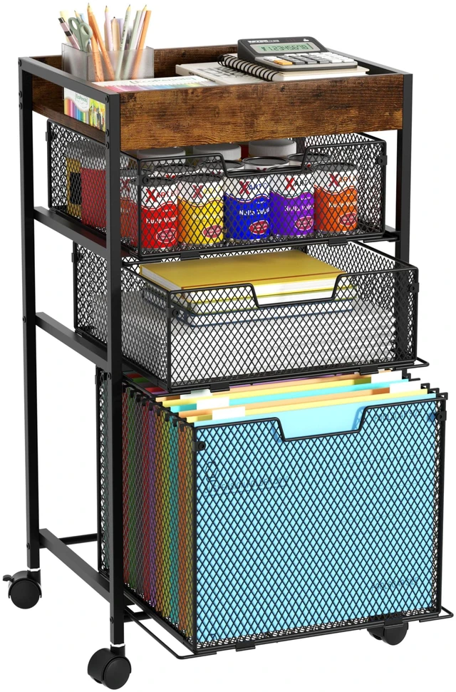 Main image of Rolling File Cart with Drawers - 4 Tier Under Desk Storage Craft Rolling Organizer Cart - Office Storage &Organization, Mobile Metal Filing Cabinet for Office and Home Espresso