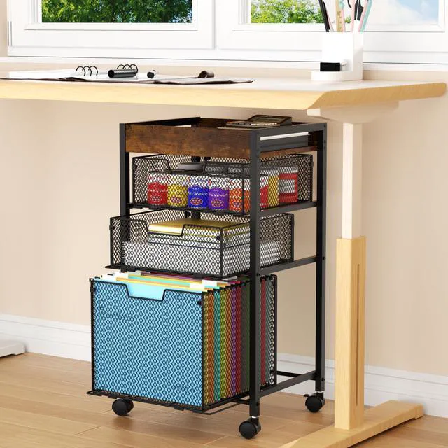 Alt view image 2 of 7 - Rolling File Cart with Drawers - 4 Tier Under Desk Storage Craft Rolling Organizer Cart - Office Storage &Organization, Mobile Metal Filing Cabinet for Office and Home Espresso