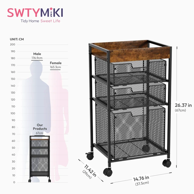 Alt view image 3 of 7 - Rolling File Cart with Drawers - 4 Tier Under Desk Storage Craft Rolling Organizer Cart - Office Storage &Organization, Mobile Metal Filing Cabinet for Office and Home Espresso