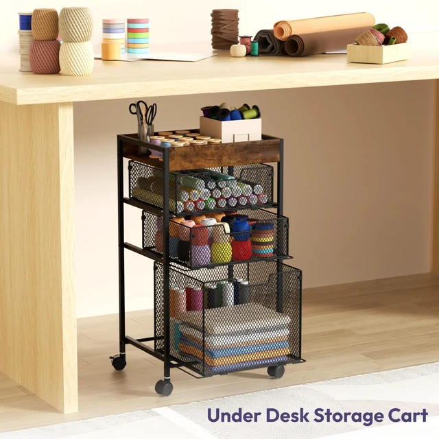 Alt view image 4 of 7 - Rolling File Cart with Drawers - 4 Tier Under Desk Storage Craft Rolling Organizer Cart - Office Storage &Organization, Mobile Metal Filing Cabinet for Office and Home Espresso