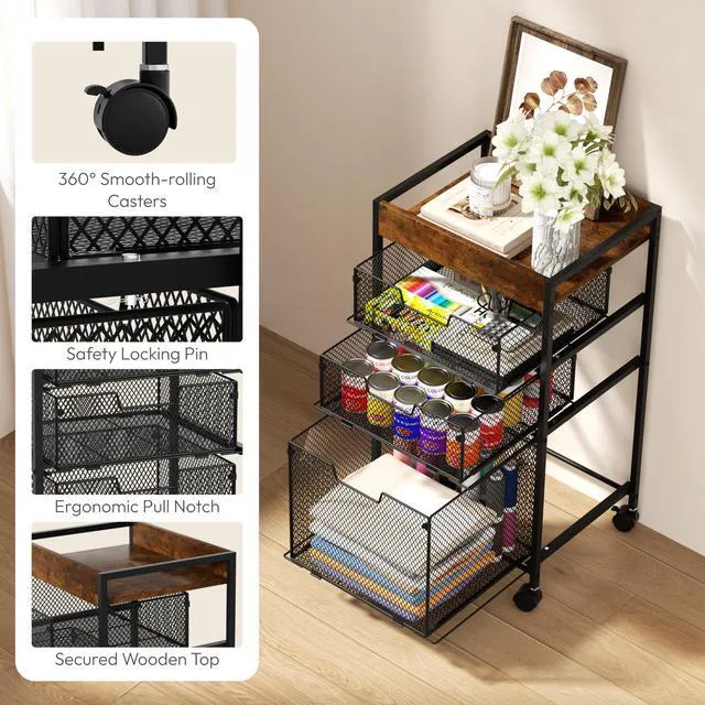 Alt view image 5 of 7 - Rolling File Cart with Drawers - 4 Tier Under Desk Storage Craft Rolling Organizer Cart - Office Storage &Organization, Mobile Metal Filing Cabinet for Office and Home Espresso