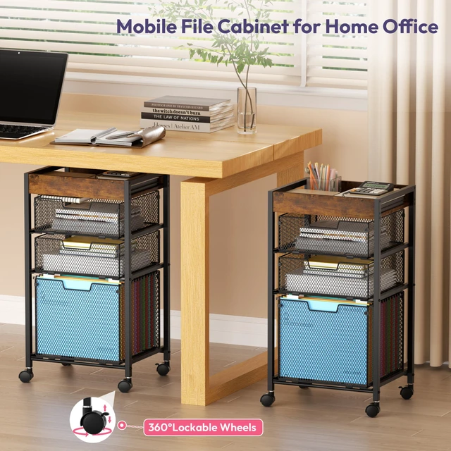 Alt view image 7 of 7 - Rolling File Cart with Drawers - 4 Tier Under Desk Storage Craft Rolling Organizer Cart - Office Storage &Organization, Mobile Metal Filing Cabinet for Office and Home Espresso