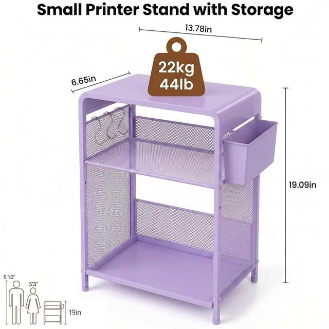 Alt view image 3 of 7 - Small 3 Tier Printer Stand for Under Desk, Height Adjustable Shelf Printer Table with 3 S-Hooks & Basket, Heavy Duty Industrial Storage Shelf for Home Office (Purple)