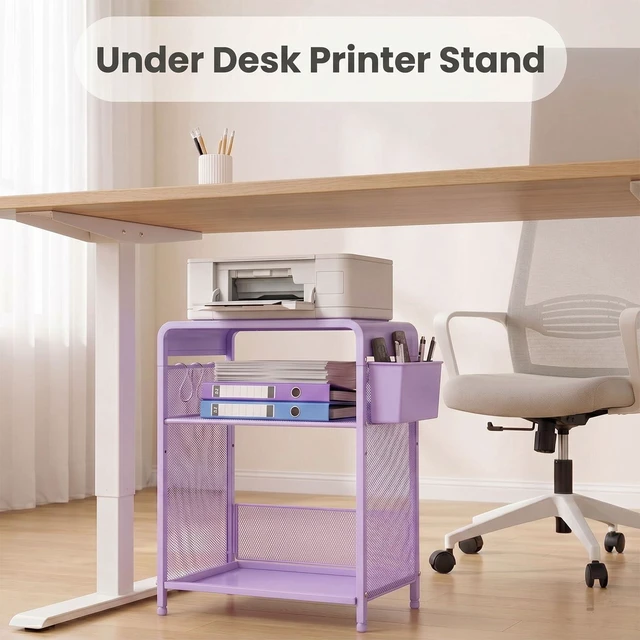 Alt view image 4 of 7 - Small 3 Tier Printer Stand for Under Desk, Height Adjustable Shelf Printer Table with 3 S-Hooks & Basket, Heavy Duty Industrial Storage Shelf for Home Office (Purple)