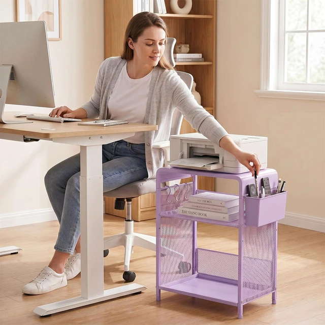 Alt view image 5 of 7 - Small 3 Tier Printer Stand for Under Desk, Height Adjustable Shelf Printer Table with 3 S-Hooks & Basket, Heavy Duty Industrial Storage Shelf for Home Office (Purple)