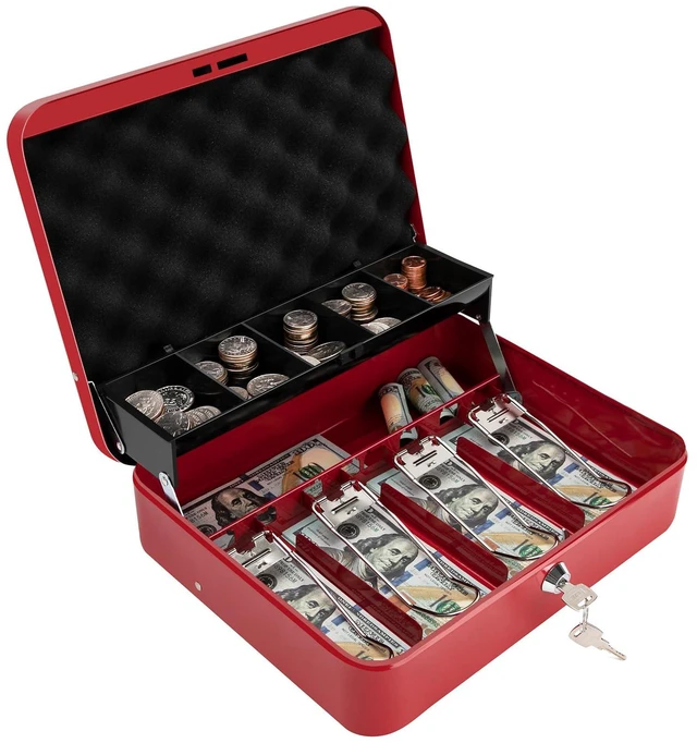 Main image of Cash Box with Key Lock & Foam Auto-Pop Coin Tray Secure Steel Money Box with 4 Upgraded Finger-Safe Bill Clips, Premium Smooth Scratch-Resistant Coating, 11.8"L x 9.5"W x 3.5"H, KL Red