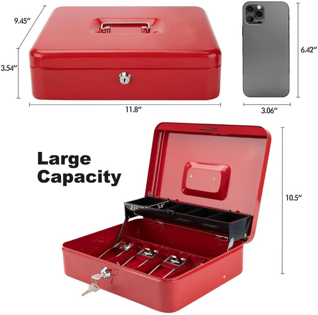 Alt view image 3 of 7 - Cash Box with Key Lock & Foam Auto-Pop Coin Tray Secure Steel Money Box with 4 Upgraded Finger-Safe Bill Clips, Premium Smooth Scratch-Resistant Coating, 11.8"L x 9.5"W x 3.5"H, KL Red