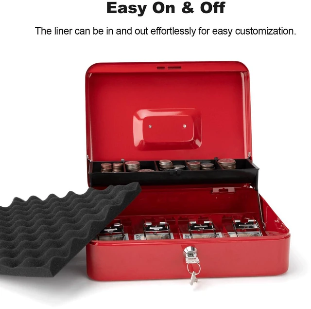 Alt view image 4 of 7 - Cash Box with Key Lock & Foam Auto-Pop Coin Tray Secure Steel Money Box with 4 Upgraded Finger-Safe Bill Clips, Premium Smooth Scratch-Resistant Coating, 11.8"L x 9.5"W x 3.5"H, KL Red