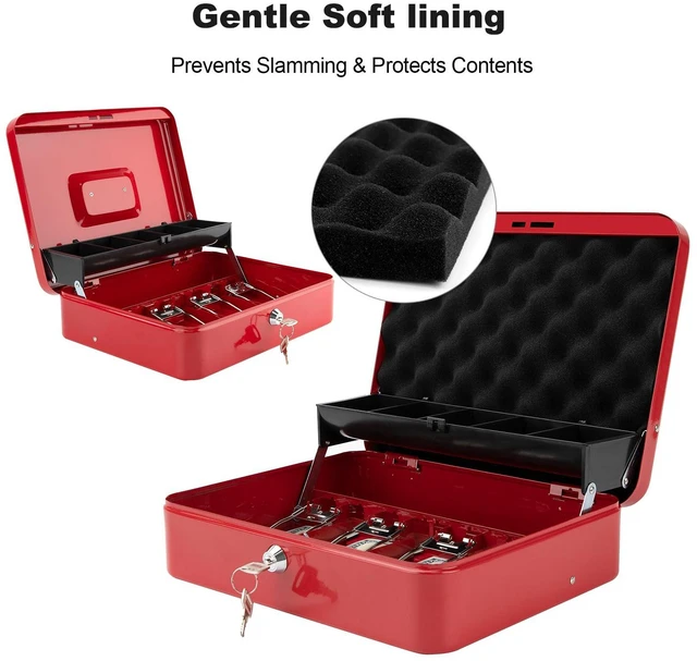 Alt view image 5 of 7 - Cash Box with Key Lock & Foam Auto-Pop Coin Tray Secure Steel Money Box with 4 Upgraded Finger-Safe Bill Clips, Premium Smooth Scratch-Resistant Coating, 11.8"L x 9.5"W x 3.5"H, KL Red
