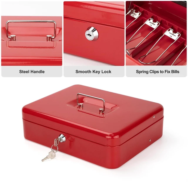 Alt view image 6 of 7 - Cash Box with Key Lock & Foam Auto-Pop Coin Tray Secure Steel Money Box with 4 Upgraded Finger-Safe Bill Clips, Premium Smooth Scratch-Resistant Coating, 11.8"L x 9.5"W x 3.5"H, KL Red