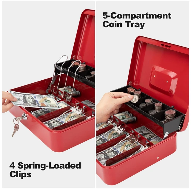 Alt view image 7 of 7 - Cash Box with Key Lock & Foam Auto-Pop Coin Tray Secure Steel Money Box with 4 Upgraded Finger-Safe Bill Clips, Premium Smooth Scratch-Resistant Coating, 11.8"L x 9.5"W x 3.5"H, KL Red