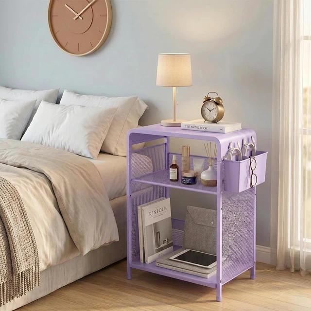 Alt view image 7 of 7 - Small 3 Tier Printer Stand for Under Desk, Height Adjustable Shelf Printer Table with 3 S-Hooks & Basket, Heavy Duty Industrial Storage Shelf for Home Office (Purple)
