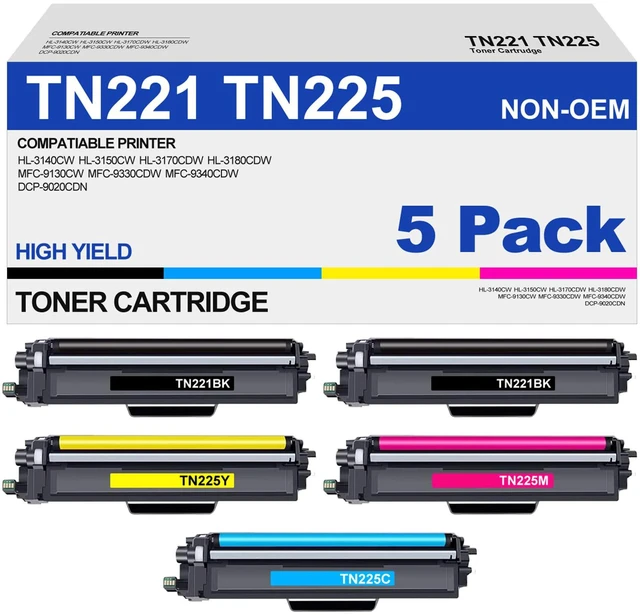 Main image of TN221 TN225 Toner Cartridge High Yield Replacement for Brother TN 221 TN 225 Compatible with MFC-9130CW HL-3170CDW HL-3140CW HL-3180CDW MFC-9330CDW (2 Black, 1 Cyan, 1 Magenta, 1 Yellow, 5 Pack)