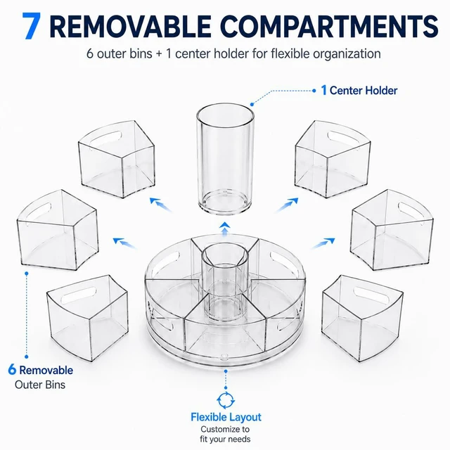 Alt view image 5 of 7 - Clear Rotating Organizer, Acrylic Pen Holder, Marker Organizer Pen organizer for desk and art supply organizer with 7 removable sections for markers, pencils, brushes, and office supplies