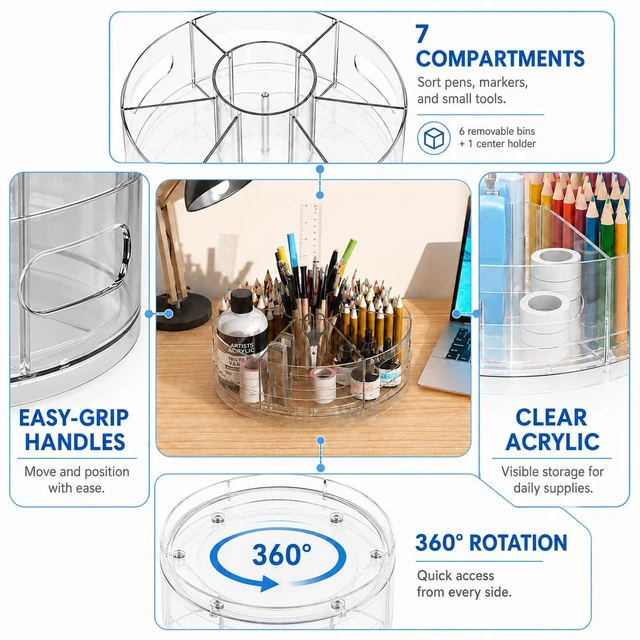 Alt view image 6 of 7 - Clear Rotating Organizer, Acrylic Pen Holder, Marker Organizer Pen organizer for desk and art supply organizer with 7 removable sections for markers, pencils, brushes, and office supplies