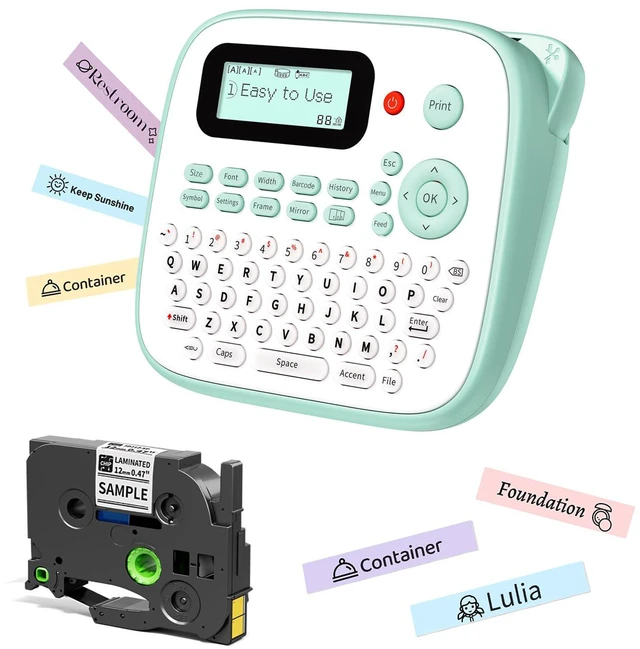 Main image of D210S Label Maker Machine with-Tape for Kids School Supplies, Green Handheld Desktop Labeler Waterproof-Labels-12mm 0.47 Laminated White, Multiple Symbols for Home Office Classroom Teachers