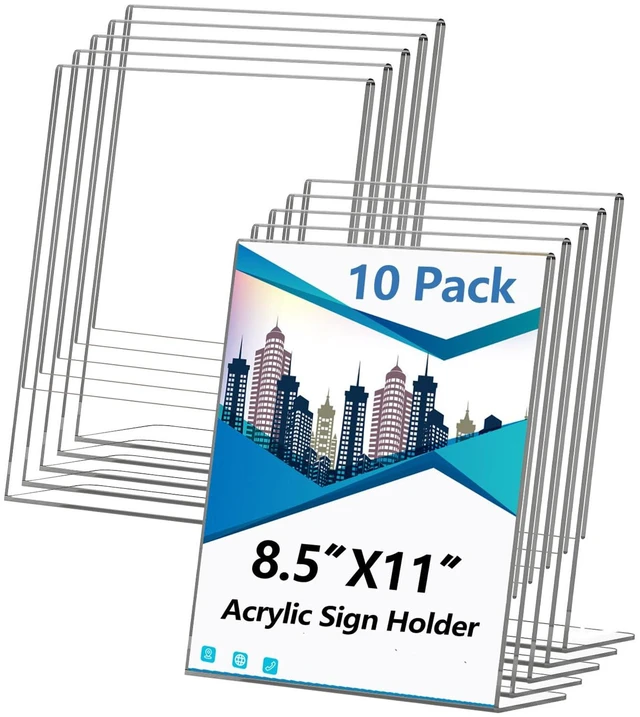 Main image of Acrylic Sign Holder 8.5x11 Inches, 10 Pack Clear Plastic Table Flyer Display Stand, L-Shape Vertical Menu Paper Holder Stand, Clear Picture Photo Flyer Display Stand for Restaurants, Store Fair,Office