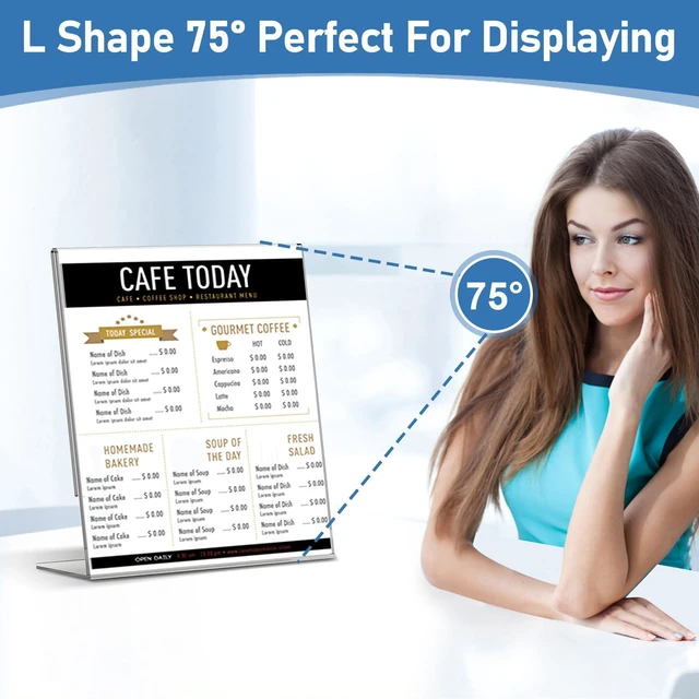 Alt view image 5 of 7 - Acrylic Sign Holder 8.5x11 Inches, 10 Pack Clear Plastic Table Flyer Display Stand, L-Shape Vertical Menu Paper Holder Stand, Clear Picture Photo Flyer Display Stand for Restaurants, Store Fair,Office