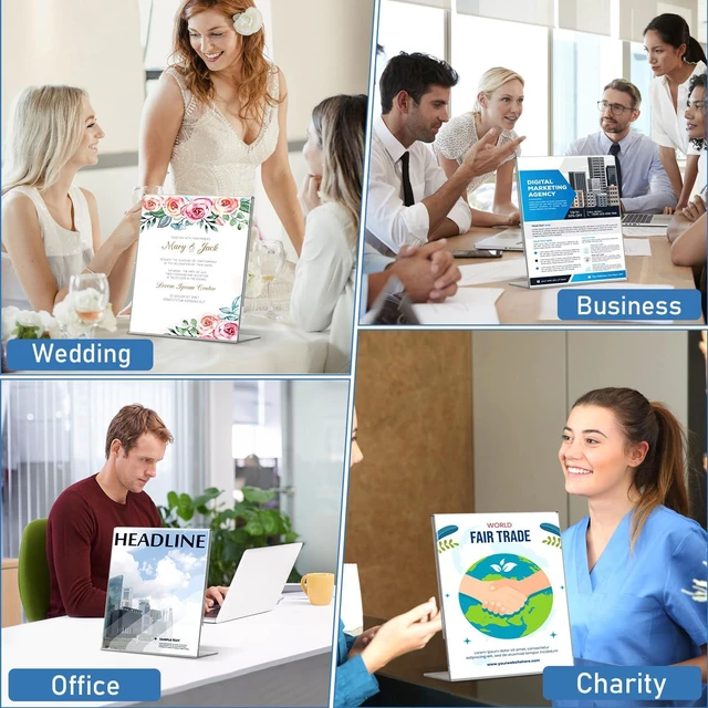 Alt view image 6 of 7 - Acrylic Sign Holder 8.5x11 Inches, 10 Pack Clear Plastic Table Flyer Display Stand, L-Shape Vertical Menu Paper Holder Stand, Clear Picture Photo Flyer Display Stand for Restaurants, Store Fair,Office