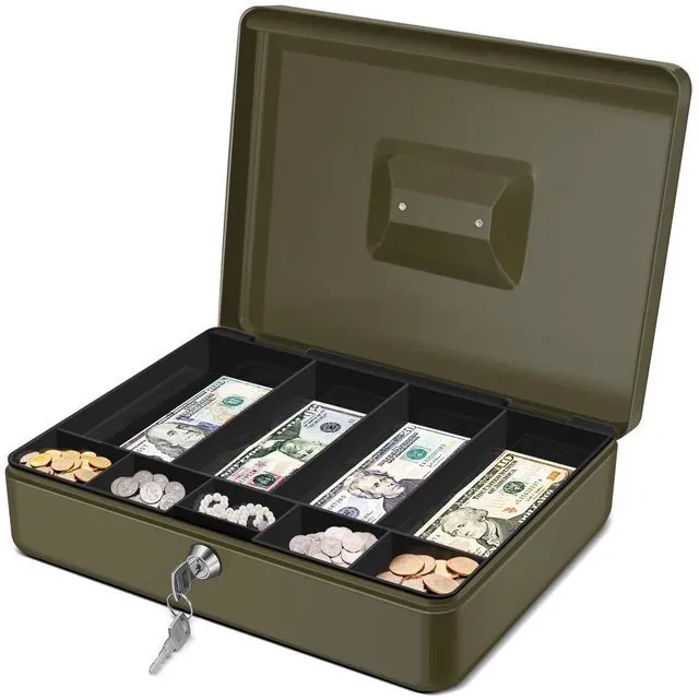 Main image of Small Cash Box with Money Tray and Lock, 11.4-Inch, Green Portable Metal Money Box for Petty Cash with Removable 9-Compartment Tray, 4 Bill Slots, Folding Handle, and 2 Keys