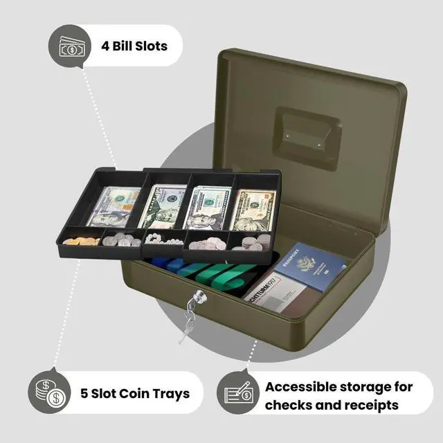 Alt view image 3 of 7 - Small Cash Box with Money Tray and Lock, 11.4-Inch, Green Portable Metal Money Box for Petty Cash with Removable 9-Compartment Tray, 4 Bill Slots, Folding Handle, and 2 Keys