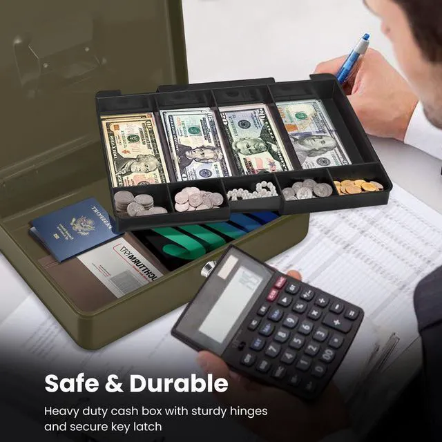 Alt view image 5 of 7 - Small Cash Box with Money Tray and Lock, 11.4-Inch, Green Portable Metal Money Box for Petty Cash with Removable 9-Compartment Tray, 4 Bill Slots, Folding Handle, and 2 Keys