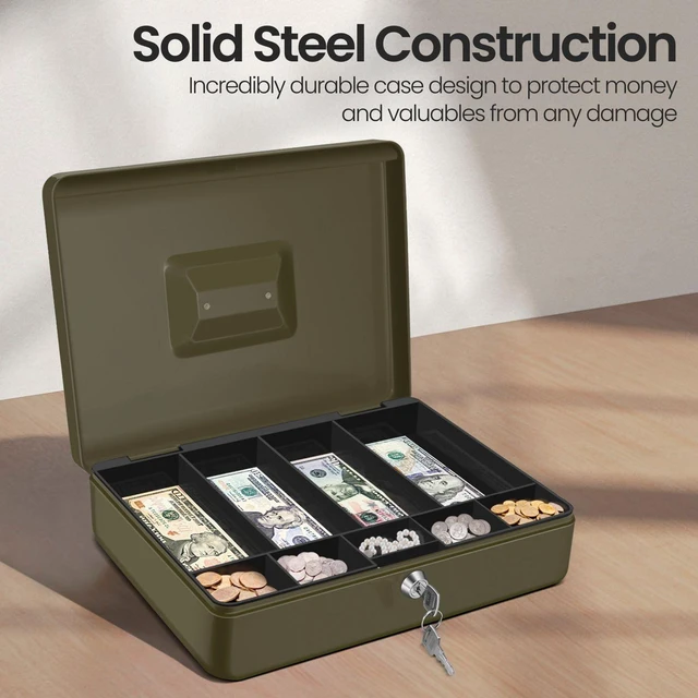 Alt view image 4 of 7 - Small Cash Box with Money Tray and Lock, 11.4-Inch, Green Portable Metal Money Box for Petty Cash with Removable 9-Compartment Tray, 4 Bill Slots, Folding Handle, and 2 Keys