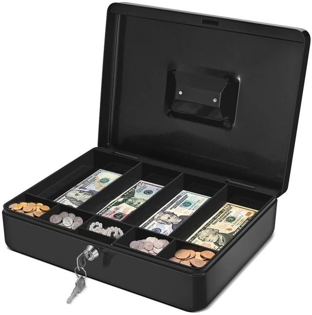 Main image of Cash Box with Money Tray and Lock - Metal Cash Box for Small Businesses, 9-Compartment Black Money Box with Removable Tray and Key, Portable Storage for Checks and Coins
