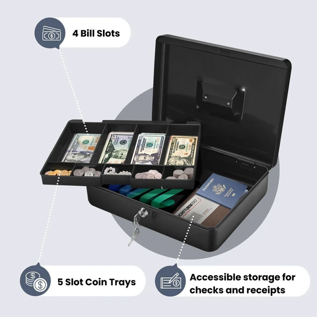 Alt view image 3 of 7 - Cash Box with Money Tray and Lock - Metal Cash Box for Small Businesses, 9-Compartment Black Money Box with Removable Tray and Key, Portable Storage for Checks and Coins