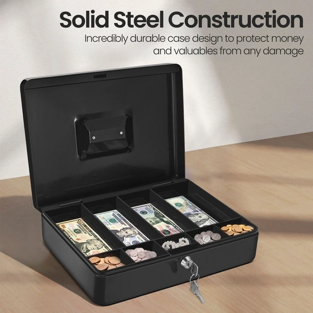 Alt view image 4 of 7 - Cash Box with Money Tray and Lock - Metal Cash Box for Small Businesses, 9-Compartment Black Money Box with Removable Tray and Key, Portable Storage for Checks and Coins