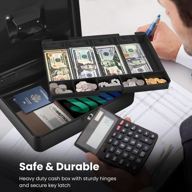 Alt view image 5 of 7 - Cash Box with Money Tray and Lock - Metal Cash Box for Small Businesses, 9-Compartment Black Money Box with Removable Tray and Key, Portable Storage for Checks and Coins