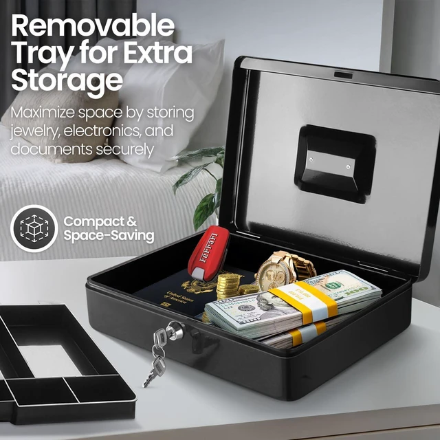 Alt view image 6 of 7 - Cash Box with Money Tray and Lock - Metal Cash Box for Small Businesses, 9-Compartment Black Money Box with Removable Tray and Key, Portable Storage for Checks and Coins