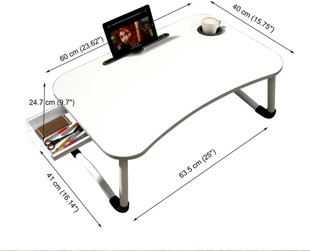 Alt view image 4 of 4 - 23.6'' Ergonomic Lap Desk with Storage Drawer & Cup Holder, Foldable Laptop Bed Table for Home Office, Gaming, Writing, Breakfast - Lightweight, Portable, Fits 18'' Laptops (White)