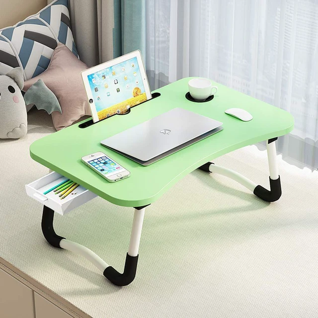 Alt view image 4 of 5 - Lap Laptop Desk with Storage Drawer, Holders for Cup and Tablet, Laptop Bed Tray Table with Foldable Legs, Laptop Bed Stand, Portable Standing Table for Sofa Couch Floor (23.6", Green)