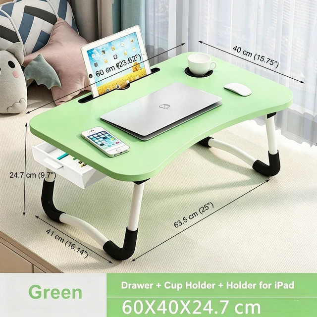Alt view image 3 of 5 - Lap Laptop Desk with Storage Drawer, Holders for Cup and Tablet, Laptop Bed Tray Table with Foldable Legs, Laptop Bed Stand, Portable Standing Table for Sofa Couch Floor (23.6", Green)