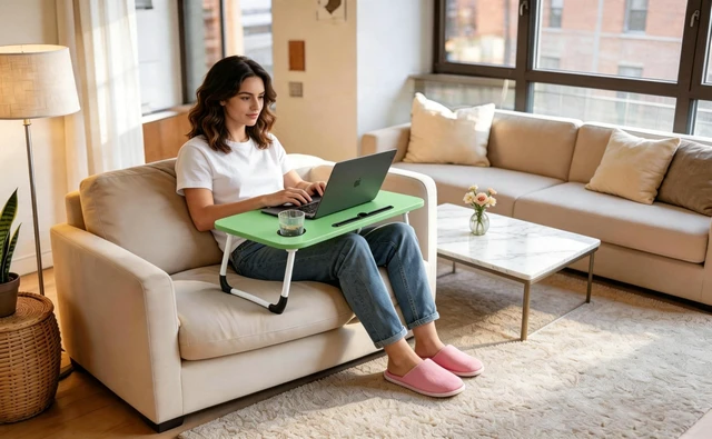 Alt view image 5 of 5 - Lap Laptop Desk with Storage Drawer, Holders for Cup and Tablet, Laptop Bed Tray Table with Foldable Legs, Laptop Bed Stand, Portable Standing Table for Sofa Couch Floor (23.6", Green)