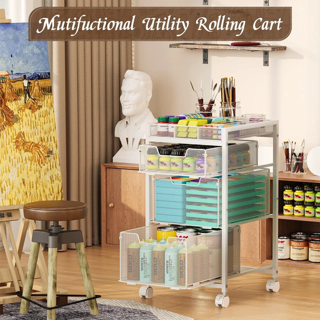 Alt view image 2 of 7 - Rolling Utility Cart with 3 Drawers, Craft Organizer and Storage with DIY Divider, Lockable Wheels, Multi-Functional Storage for Art Supplies, Store for Brushes & Paints & Artifacts,White