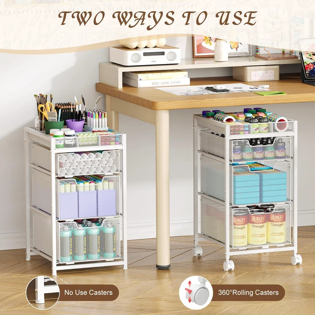 Alt view image 3 of 7 - Rolling Utility Cart with 3 Drawers, Craft Organizer and Storage with DIY Divider, Lockable Wheels, Multi-Functional Storage for Art Supplies, Store for Brushes & Paints & Artifacts,White