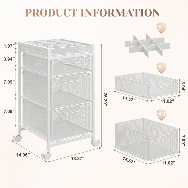 Alt view image 5 of 7 - Rolling Utility Cart with 3 Drawers, Craft Organizer and Storage with DIY Divider, Lockable Wheels, Multi-Functional Storage for Art Supplies, Store for Brushes & Paints & Artifacts,White