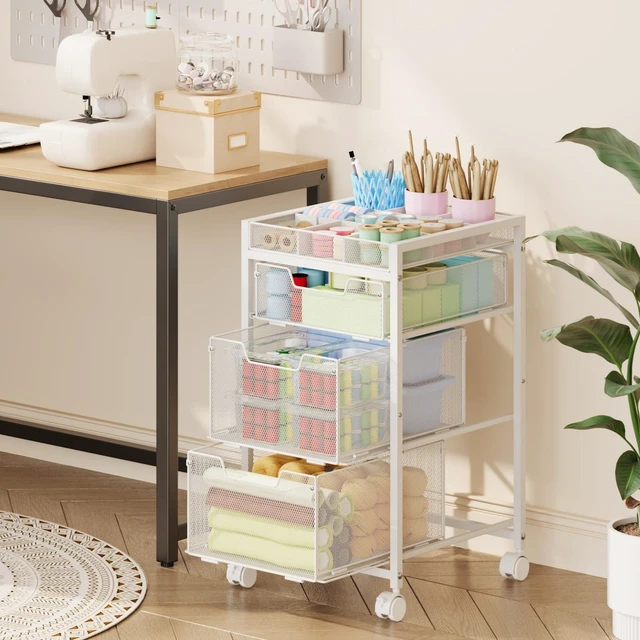 Alt view image 6 of 7 - Rolling Utility Cart with 3 Drawers, Craft Organizer and Storage with DIY Divider, Lockable Wheels, Multi-Functional Storage for Art Supplies, Store for Brushes & Paints & Artifacts,White
