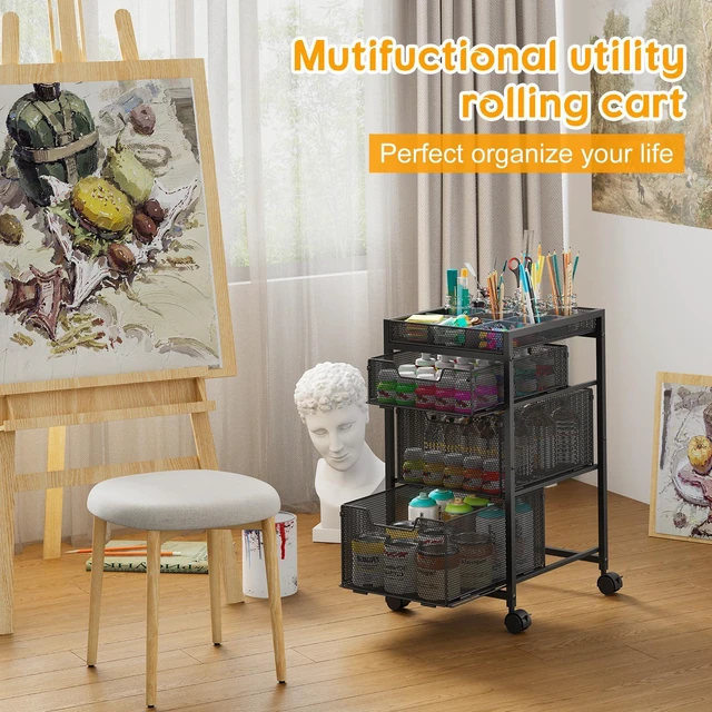 Alt view image 2 of 7 - Rolling Utility Cart with 3 Drawers, Craft Organizer and Storage with DIY Divider, Lockable Wheels, Multi-Functional Storage for Art Supplies, Store for Brushes & Paints & Small Parts(Patent Pending)