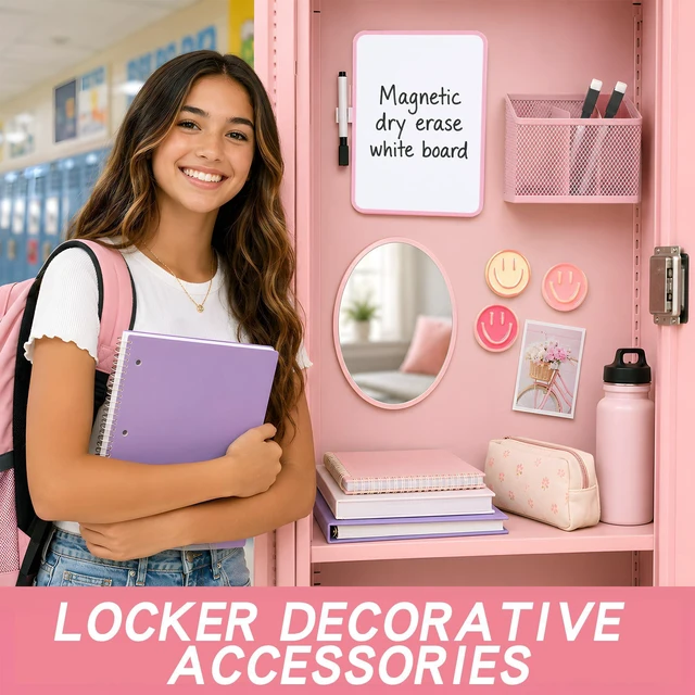 Alt view image 3 of 7 - 8 PCS Pink Locker Accessories for Girls Cute Locker Decorations Kit with Magnetic Mirror Whiteboard Pen Holder Magnets Locker Organizer Set for School Back to School Essentials