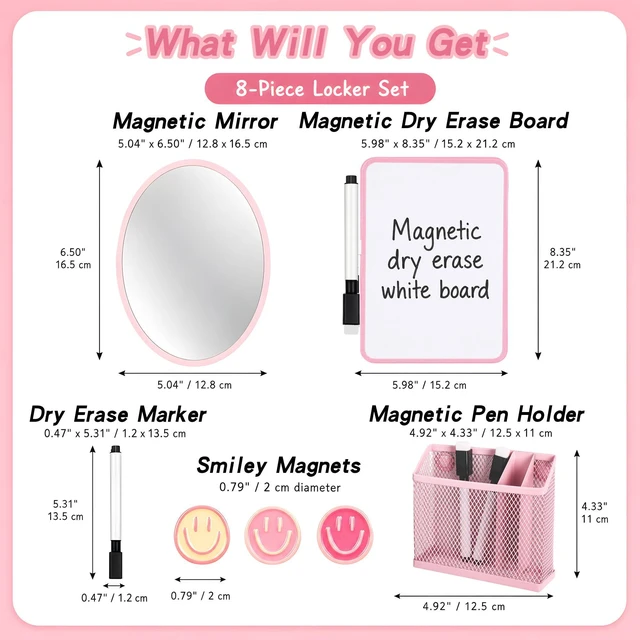 Alt view image 4 of 7 - 8 PCS Pink Locker Accessories for Girls Cute Locker Decorations Kit with Magnetic Mirror Whiteboard Pen Holder Magnets Locker Organizer Set for School Back to School Essentials