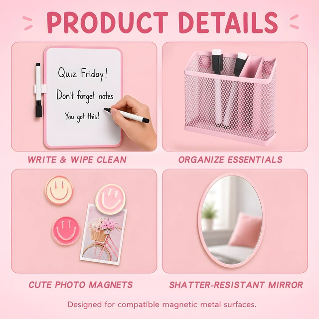 Alt view image 6 of 7 - 8 PCS Pink Locker Accessories for Girls Cute Locker Decorations Kit with Magnetic Mirror Whiteboard Pen Holder Magnets Locker Organizer Set for School Back to School Essentials
