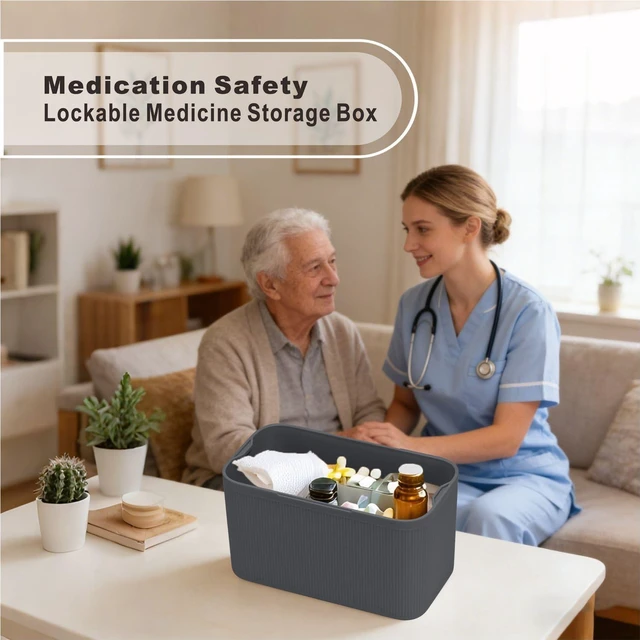 Alt view image 5 of 7 - Lockable Storage Box,Medicine Lock Box Travel Case,Refrigerator Bin Container for Food,Medicines,Snacks,Locking Mobile Cell Phone Device Jail,Lockbox for Office,Home,School,Father Gift (Navy Plus)