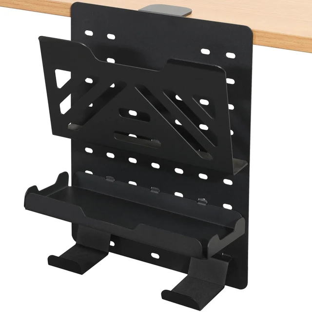 Main image of Desk Side Storage Holder, Metal Pegboard, Above or Under Desk Laptop Mount, Table Side Hanging File Organizer, Clamp On Cable Management Tray, Peg Board for Gaming, Office