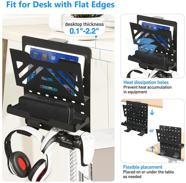 Alt view image 2 of 6 - Desk Side Storage Holder, Metal Pegboard, Above or Under Desk Laptop Mount, Table Side Hanging File Organizer, Clamp On Cable Management Tray, Peg Board for Gaming, Office