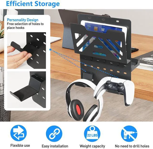 Alt view image 3 of 6 - Desk Side Storage Holder, Metal Pegboard, Above or Under Desk Laptop Mount, Table Side Hanging File Organizer, Clamp On Cable Management Tray, Peg Board for Gaming, Office
