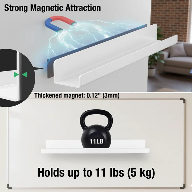 Alt view image 4 of 7 - 2 Pack Magnetic Book Shelf for Whiteboard - 17 Inch Reusable Acrylic Magnetic Shelves, Holds 11 lbs, Magnetic Book Display for Classrooms, Kitchen(White)
