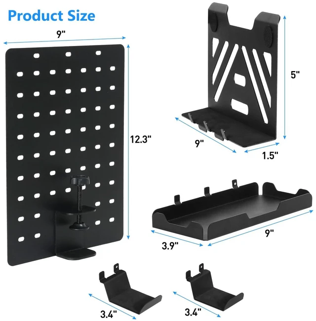 Alt view image 4 of 6 - Desk Side Storage Holder, Metal Pegboard, Above or Under Desk Laptop Mount, Table Side Hanging File Organizer, Clamp On Cable Management Tray, Peg Board for Gaming, Office